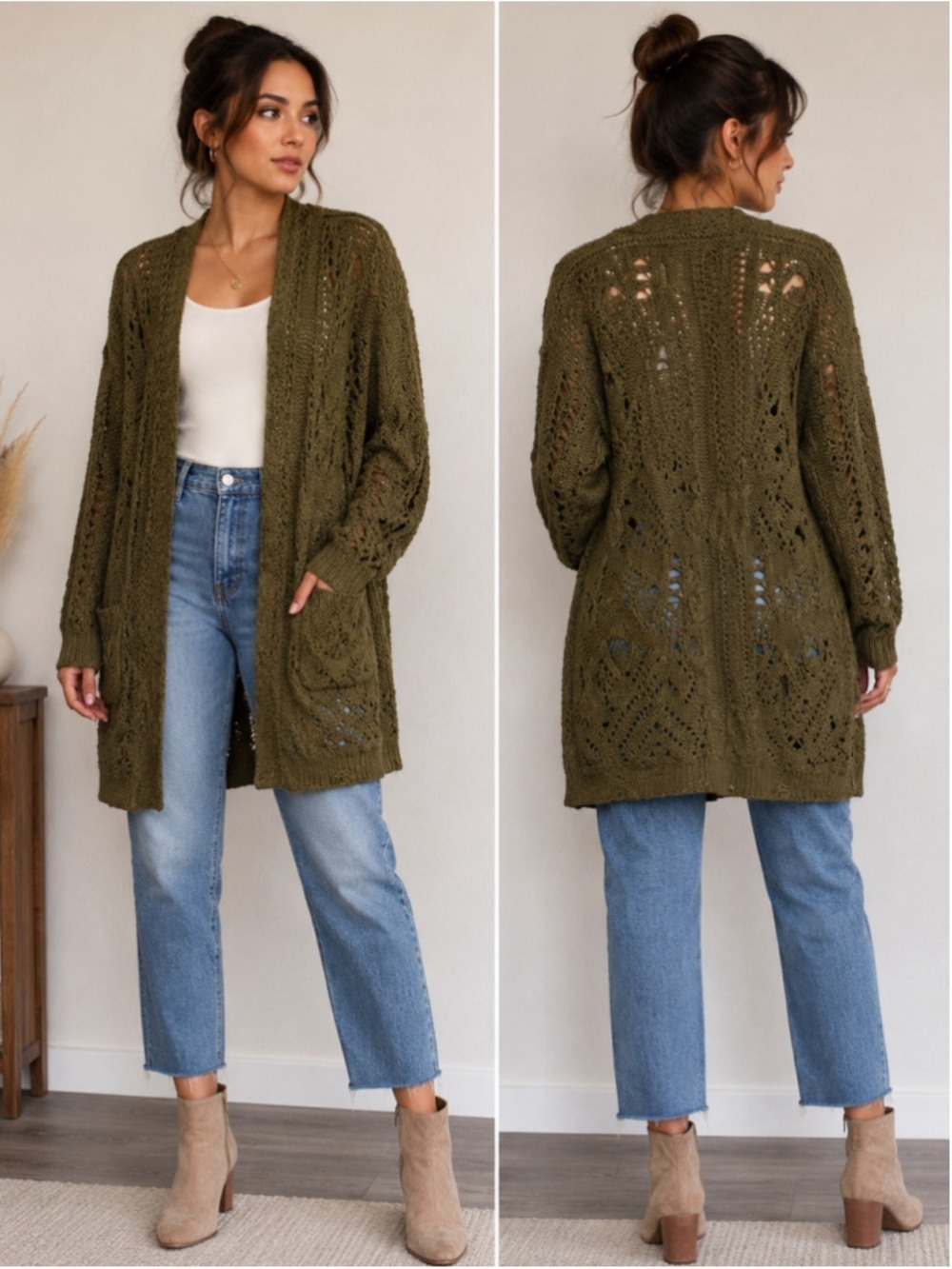 Free People Olive Green Open Knit Cardigan Sweater Women's SP Boho